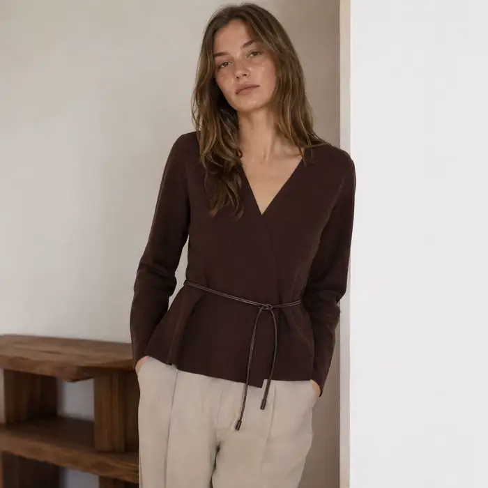 Manteau pull en tricot pour femme avec ceinture, col en V, manches longues, style chic et élégant