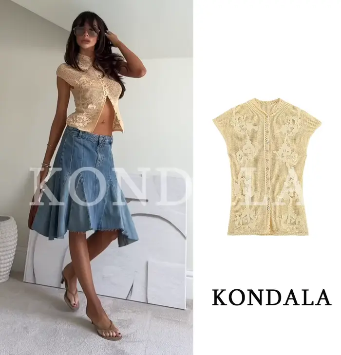 KONDALA Gilet Élégant en Maille Creuse pour Femme, Nouvelle Collection 2026, Tendance, Chic, Idéal p
