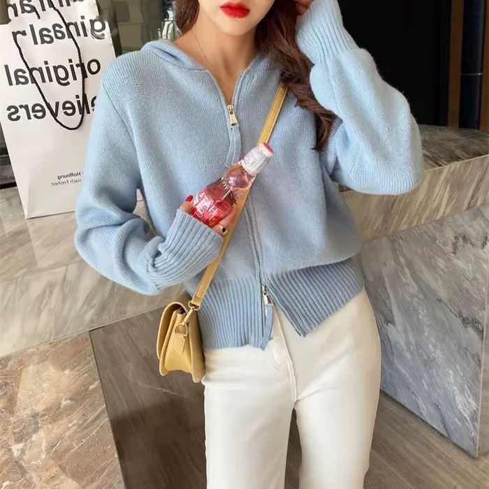 Cardigan zippé uni pour femme, nouvelle mode 2026, manteau court à capuche, veste tricotée coréenne 