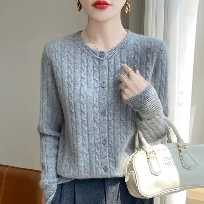 Cardigan en maille à col rond pour femme, couleur unie, torsadé, avec un seul bouton, élégant, confo