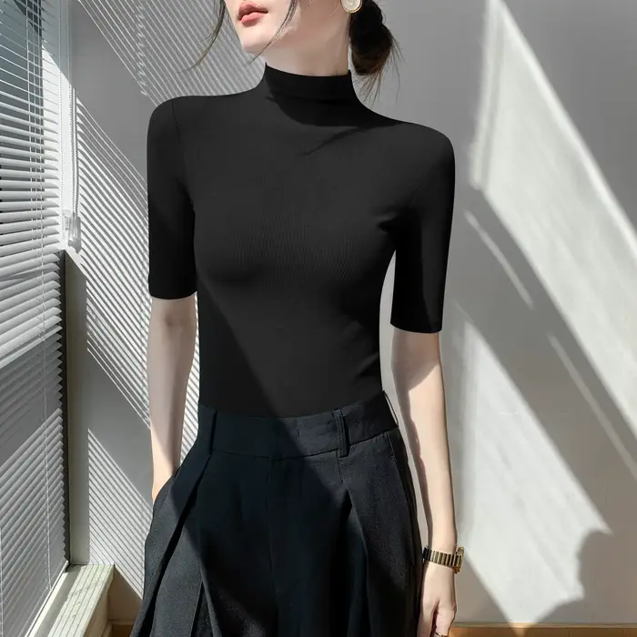 Pull Astronomique à Col Roulé et Manches Courtes pour Femme, Chemise Slim, Noir, Tricot NikDoux, Pri