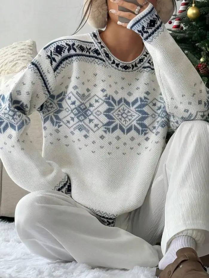 Pull en tricot à col rond pour femme, motif Fair Isle blanc et bleu, décontracté, surdimensionné, pu