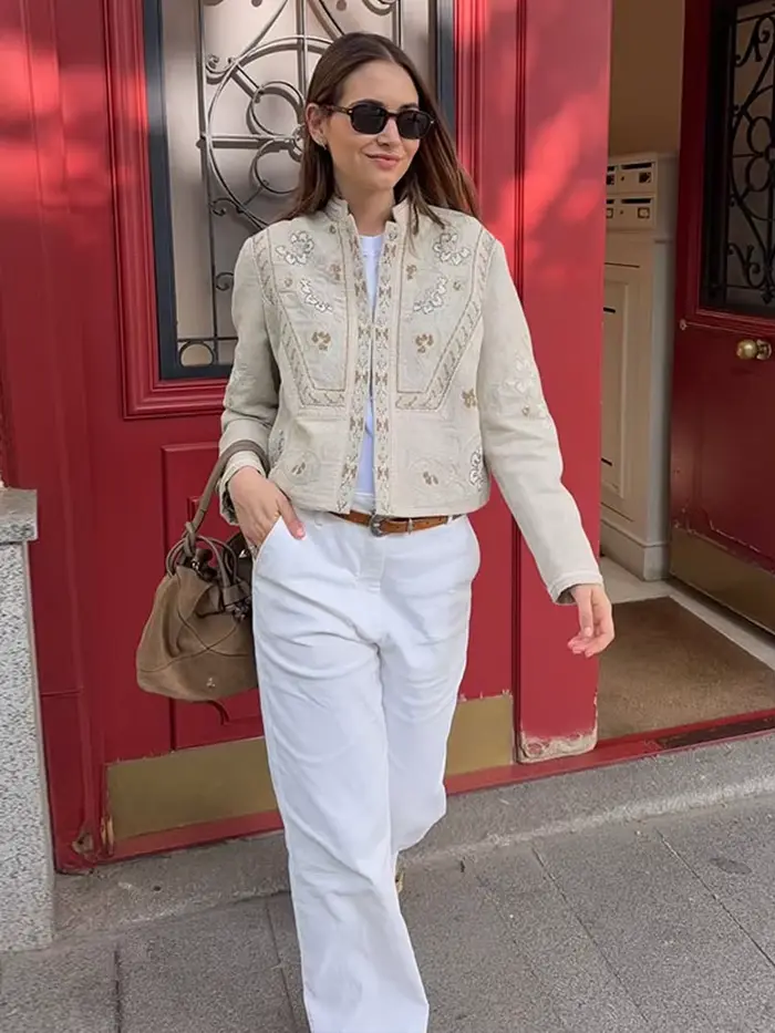 Manteau court pour femme élégant imprimé urbain col montant boutonné style streetwear féminin printemps automne 2026