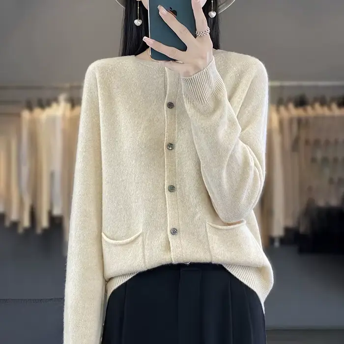 Pull tricoté à col rond pour femme, couleur unie, Double poche, chaud et ample, Cardigan en laine do