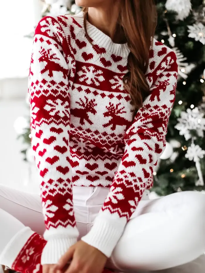 Nouveau hiver noël femmes chandails hauts pullover décontracté à manches longues imprimé tricoté pul