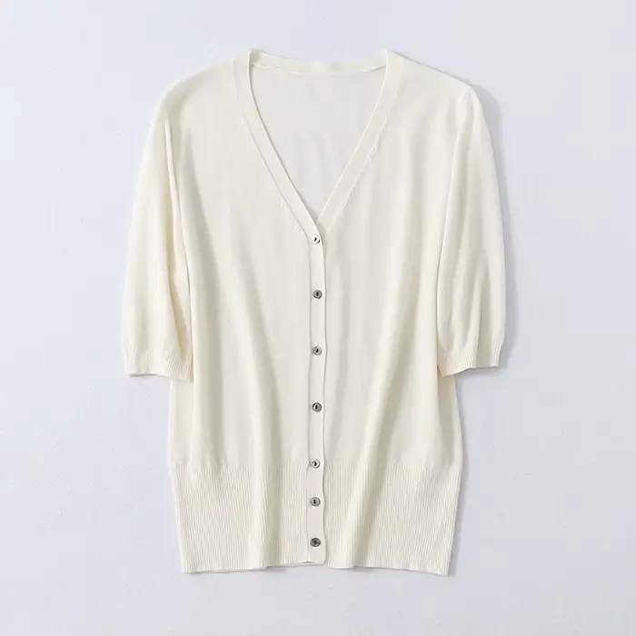 Cardigan à manches courtes et col en v pour femme, 70% soie de mûrier naturelle, 30% coton, tempéram