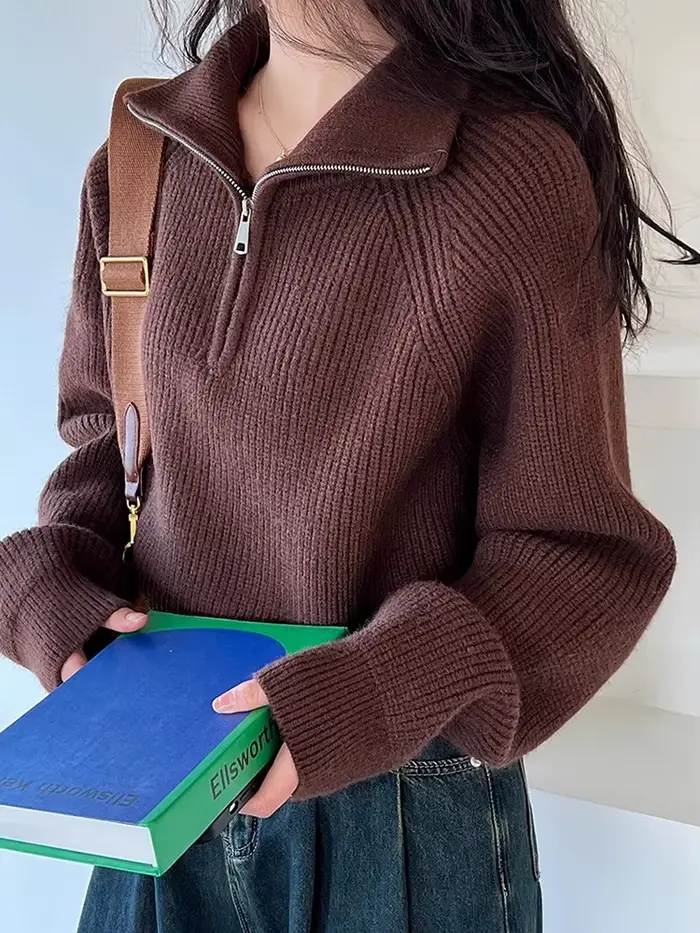 Pull-over Femme Automne Hiver 2026 Nouveau Modèle Court Ample avec Fermeture Éclair et Doublure