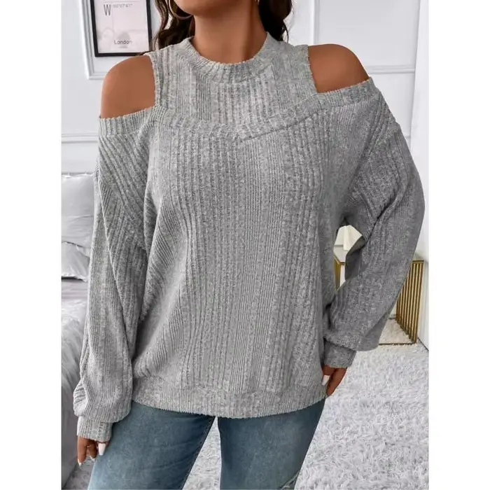 Pull en tricot pour femmes grande taille col mi-haut épissure couleur unie manches longues épaules dénudées automne hiver polyester confortable moderne