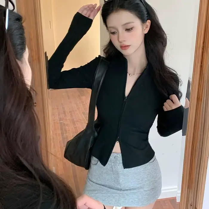Cardigan tricoté pour femmes, pull à manches longues, col montant, fermeture éclair, manteau coréen,