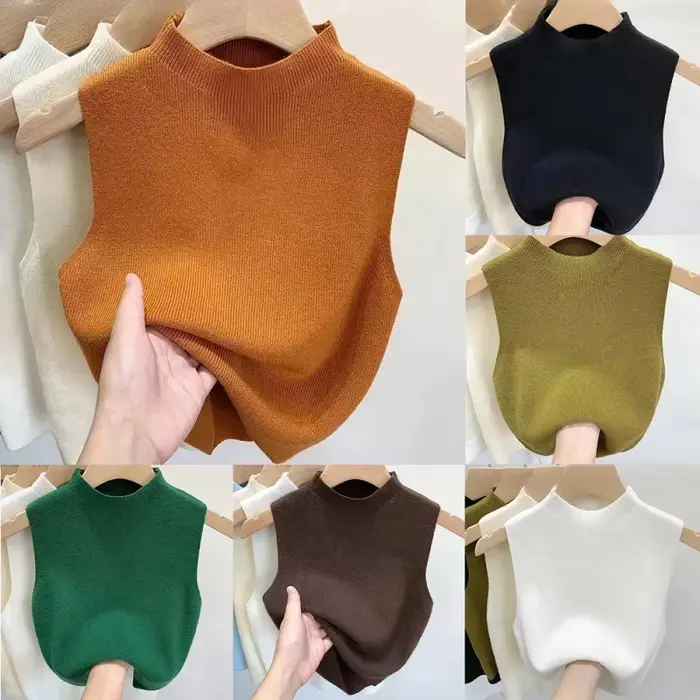 Débardeur tricoté uni pour femmes, haut court, camisole, pull demi-col roulé, sans manches, printemps automne, polyester, taille unique