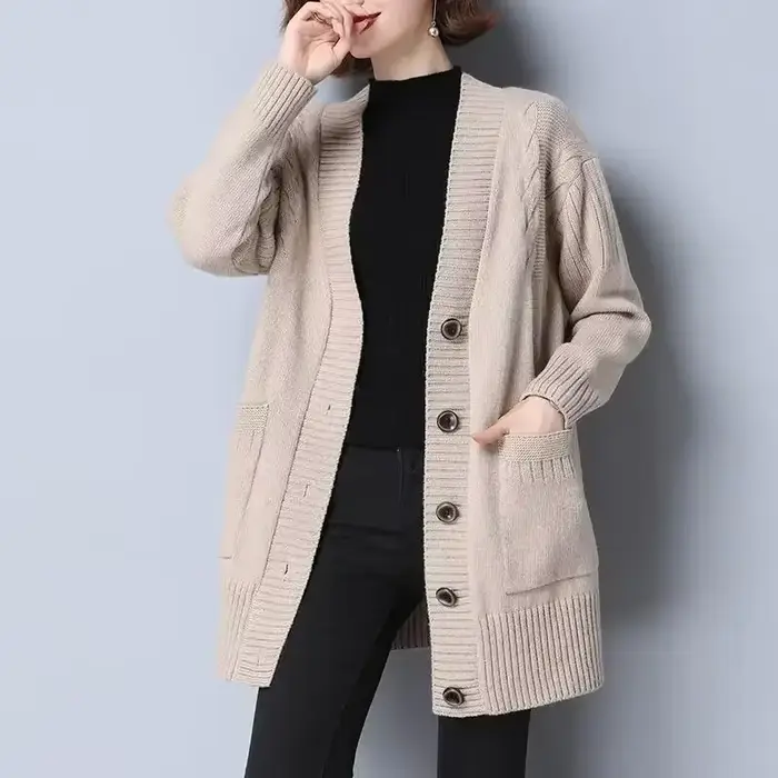 Haut beige pour femme, style coréen, coupe ample, cardigan épais, automne hiver, vintage années 90, moderne Y2K, confortable, élégant à offrir pour les occasions spéciales