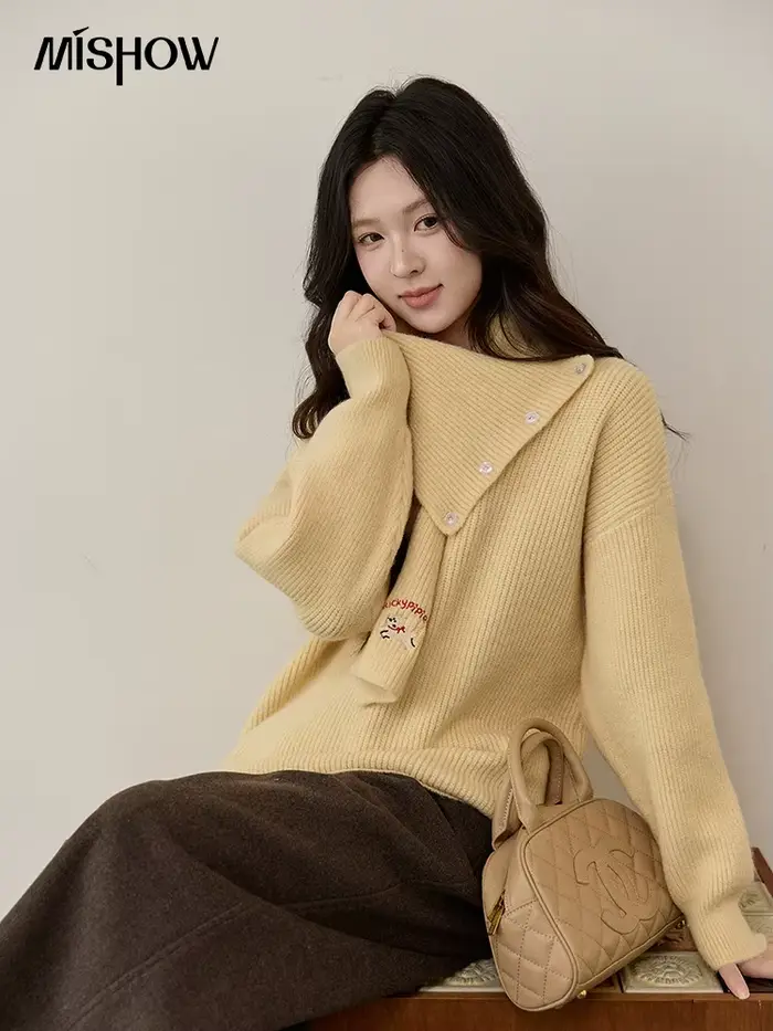 MISHOW femmes pull jaune avec écharpe détachable 2025 automne hiver ample décontracté chaud épaissi tricot