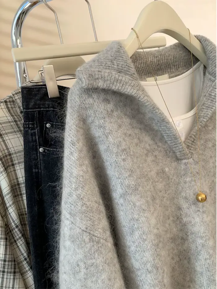 Pull tricoté en cachemire gris à col en V pour femme, manteau épais à revers, vêtements d'hiver et début d'automne, nouvelle collection automne-hiver