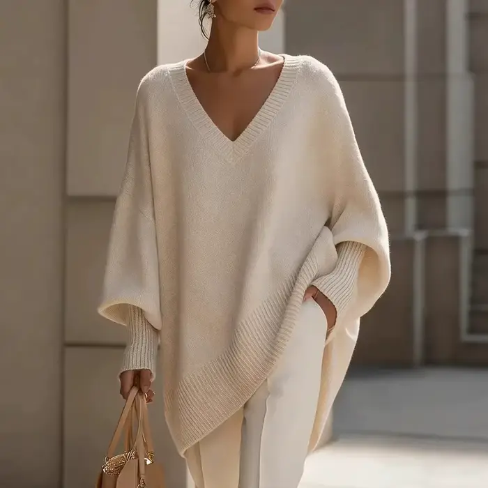 Pull en maille ample à col en V et manches longues de couleur unie pour femme, style décontracté, co