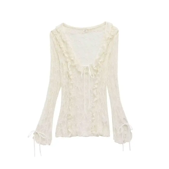 Haut de mode féminin amincissant à manches longues, col en dentelle, design superposé, style urbain,