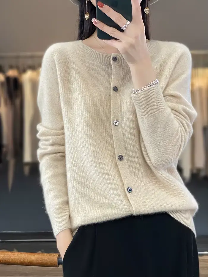 Cardigan en laine mérinos 100% pour femme, pull en cachemire, col rond, chaud, tricot, bas, petit ha