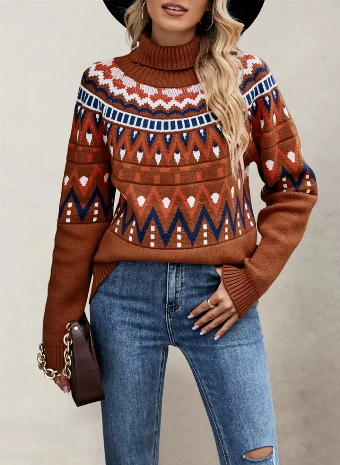 2025 hiver nouveau rétro rayure couleur bloc pull femmes col haut pull en tricot ample