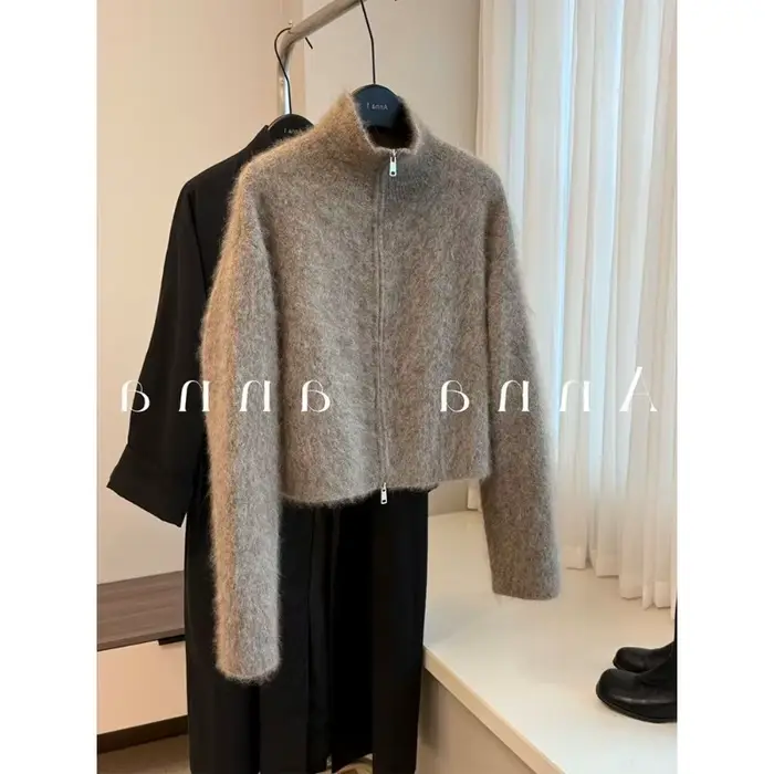 Maillard – veste Cardigan tricotée en Mohair marron avec fermeture éclair pour femme