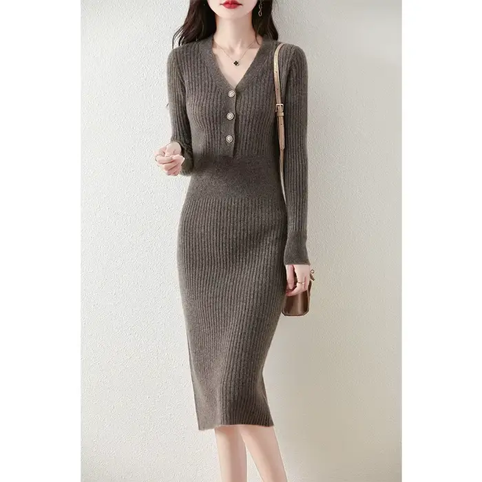 Femmes 100% laine mérinos robe mi-longue pull automne hiver col en v avec boutons