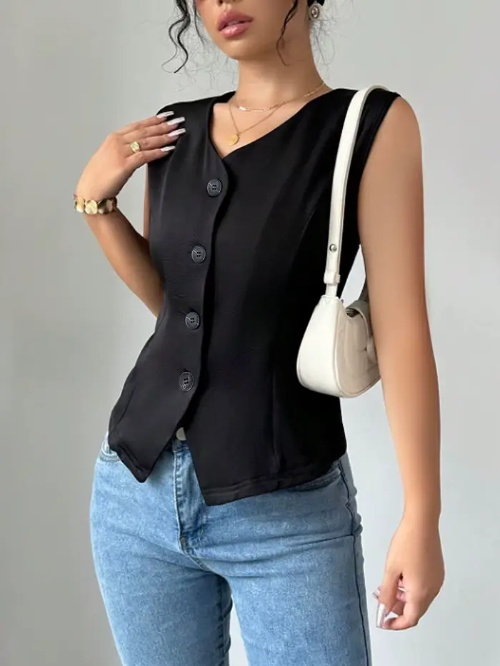 Gilet pour femme en polyester noir, col en V, boutons discrets, coupe ajustée et ourlet asymétrique pour bureau et occasions spéciales printemps-été