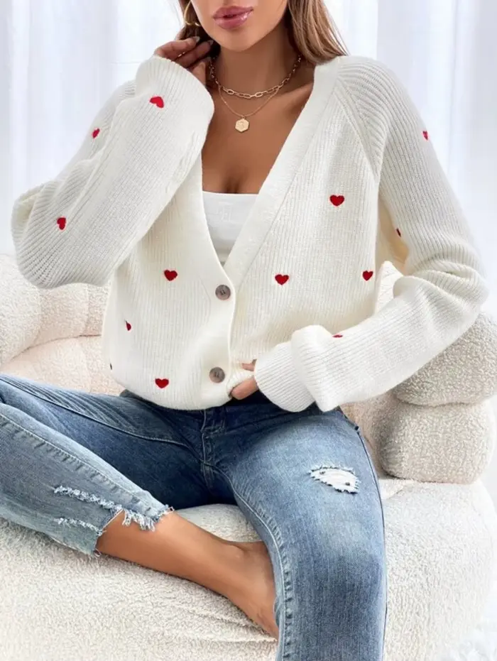 Cardigan en tricot brodé cœur pour femme, coupe ample, ouvert sur le devant, manches longues, mantea