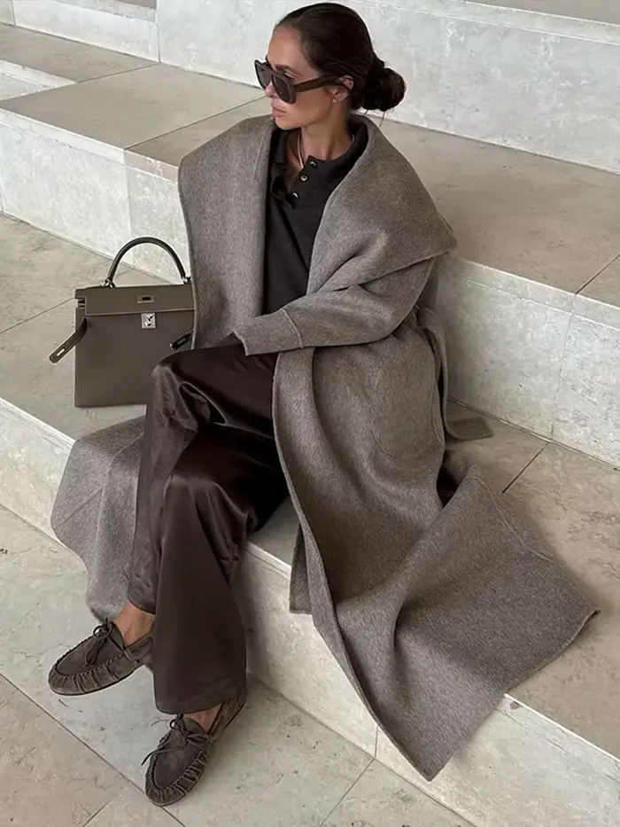 Élégant grand col Long manteau femmes rétro Chic lâche châle Tweed manteaux avec ceinture femme 2025 hiver décontracté rue vêtements d'extérieur
