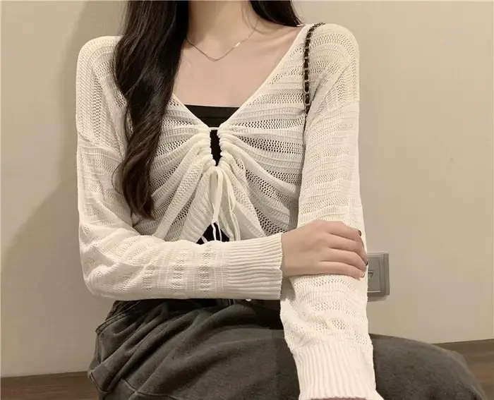 Cardigan rose réversible en tricot ajouré avec cordon de serrage pour femme