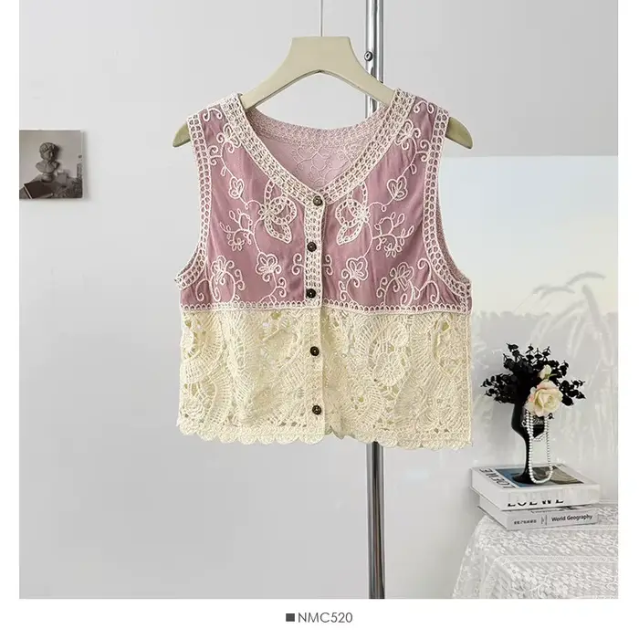 Gilet brodé pour femme, patchwork de dentelle, boutonné, tricot ajouré floral, sans manches, style c