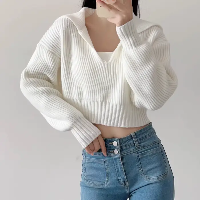 Jielur-Pull à col en V pour femme, pulls sexy pour femme, blanc, noir, gris, solide, coréen, documen