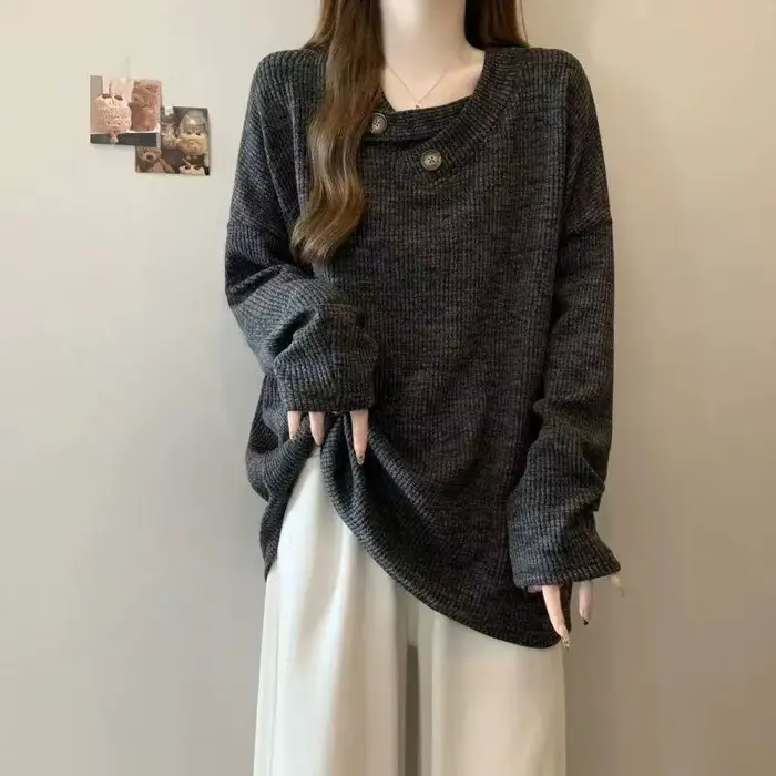 2025 col en v pull femmes automne hiver ample à manches longues solide Feamle tricots bureau dame dé