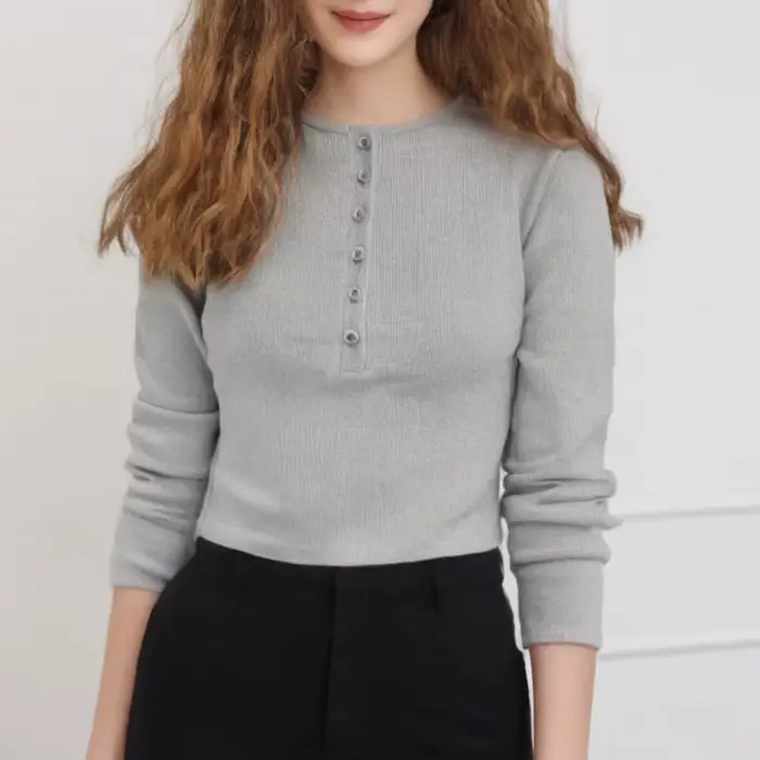 Puloru-T-shirt à manches longues et col Henley pour femme