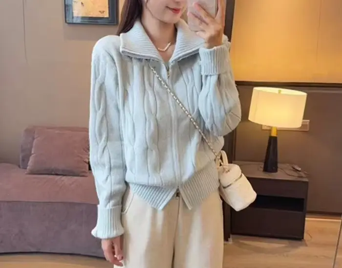 Double fermeture éclair col haut pâte frite torsions pull Cardigan femmes automne et hiver