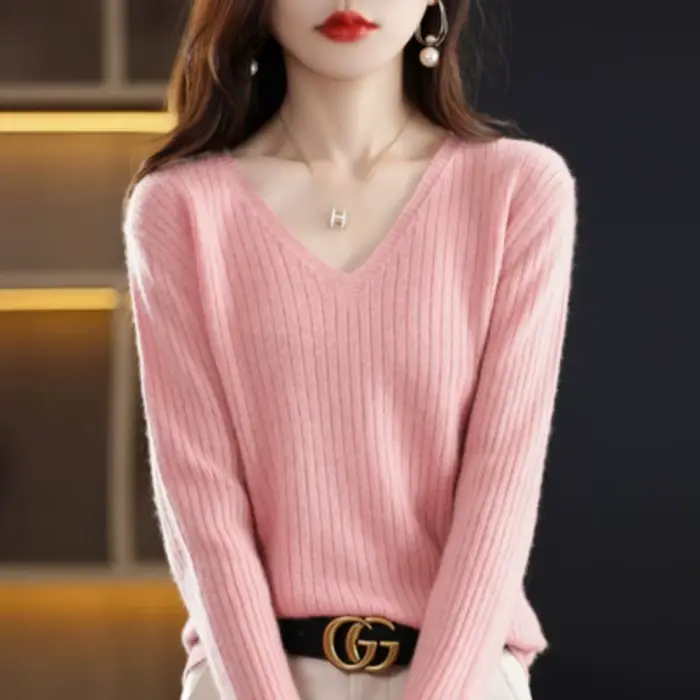 Pull en maille à manches longues pour femme, col en V, style basique tendance printemps-automne 2026
