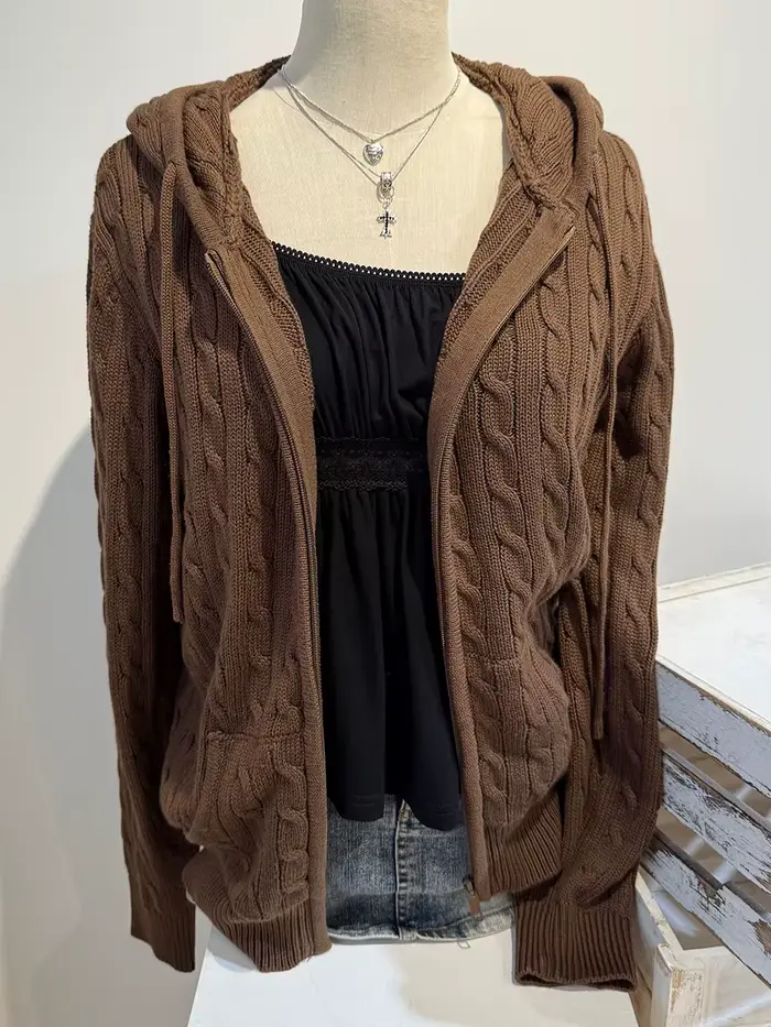 Marron torsadé fleur à capuche manteau à glissière femmes automne à manches longues poche tricot Cardigan pull doux Preppy Style tricots