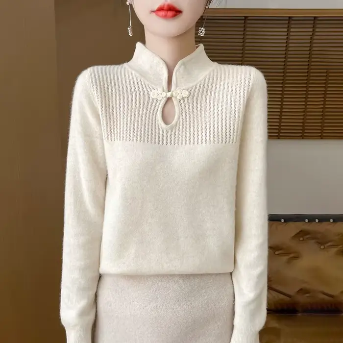 Pull en laine mérinos pour femmes, col Mandarin, Style chinois, bas en cachemire, tricot rétro, manc
