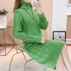 Robe pull col roulé pour femme 2026 – Pull chaud d'hiver côtelé épais en maille unie pour femme