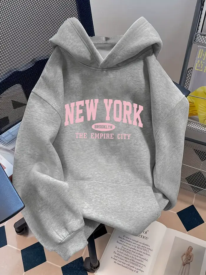 Sweat à capuche ample pour femme, motif lettres New York, style décontracté, col à capuche à motif g