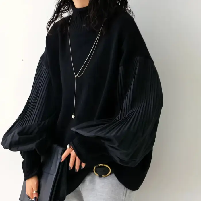 Pull à col roulé patchwork à manches volantées pour femmes