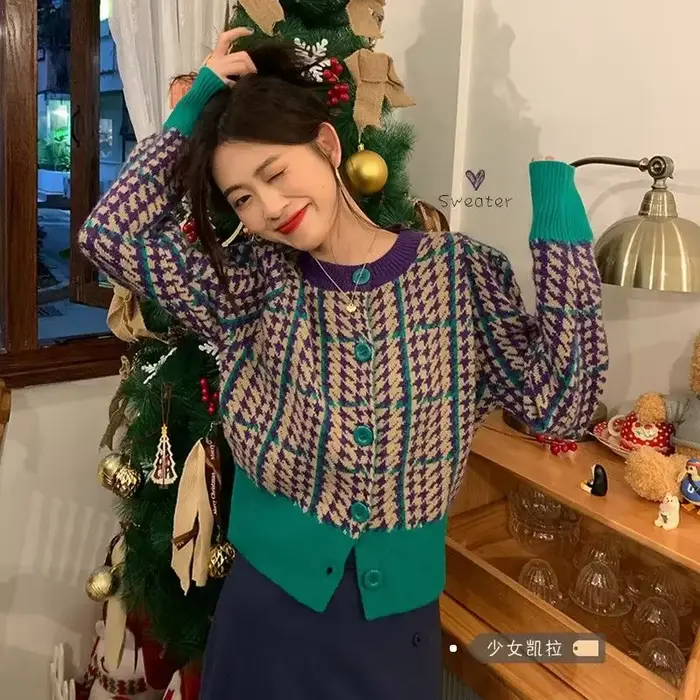 Pull vintage à col rond en coton polyester acétate pour femme, élégant et confortable pour les occasions spéciales et les vêtements de bureau