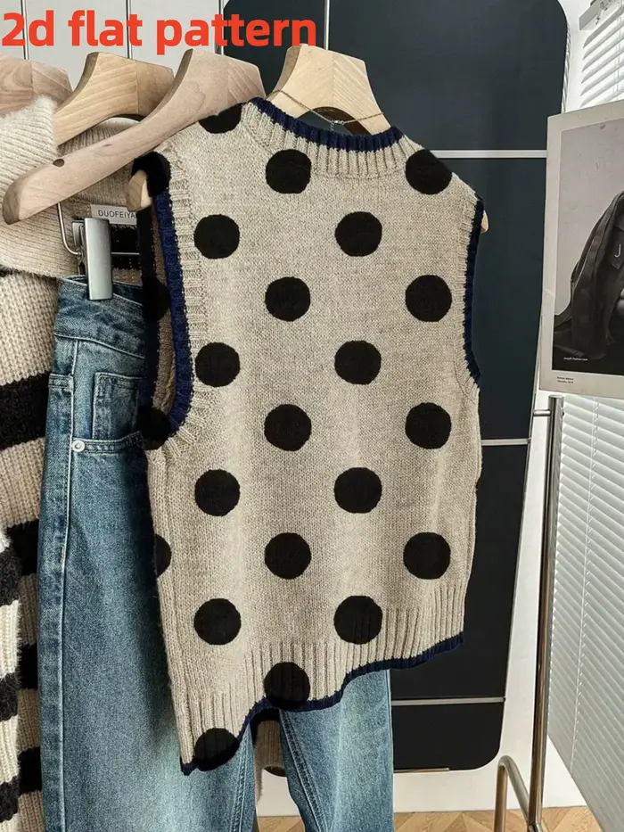 Nouveau gilet pull tendance pour femme motif plat 2D toutes saisons col rond imprimé numérique à pois occassions spéciales style fashion polyester ajustement régulier