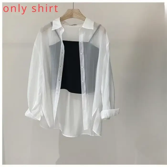 Chemises décontractées en maille fine pour femmes, style coréen, polyester transparent, col rabattu, occaseions estivales et décontractées