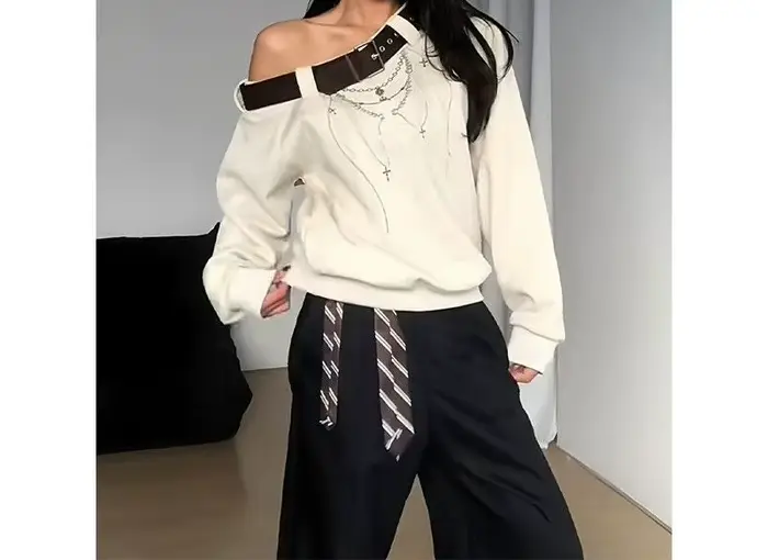 Pull à épaules tombantes pour femme, design automne-hiver, ceinture tendance, ample et fin, haut à m