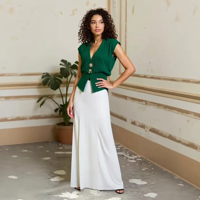 UOOZEE femmes Vintage élégant vert tricot gilet hauts boucle d'or sans manches col en v recadrée formel affaires