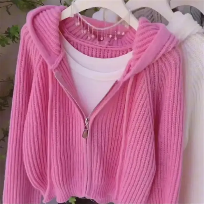 Cardigan tricoté à capuche rose pour femmes, nouveau Design ample et élégant, pull court rayé, veste