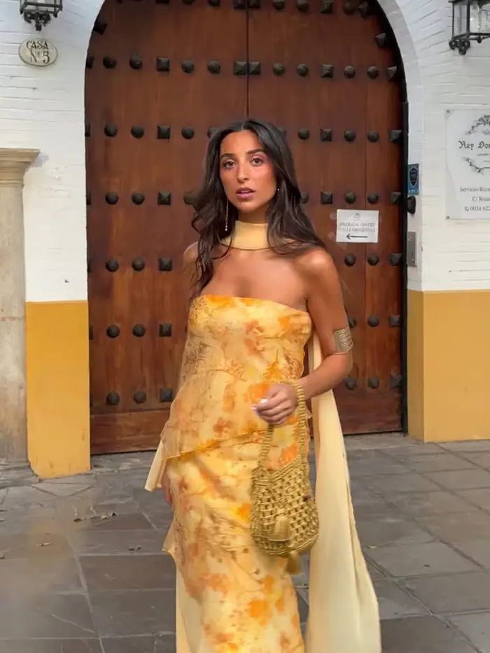 Ensemble jupe et haut imprimé urbain pour femme – Blouse plissée à col en V et manches longues évasées