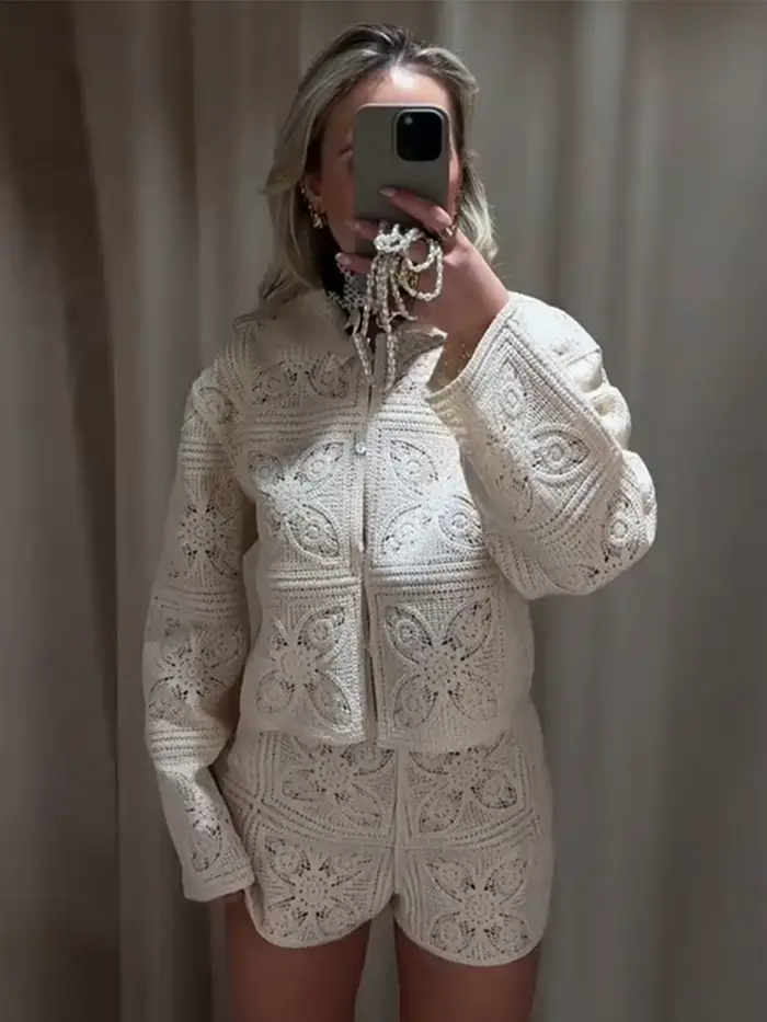 Crochet évider Cardigan Shorts costumes femmes élégant revers à manches longues simple boutonnage manteaux taille basse