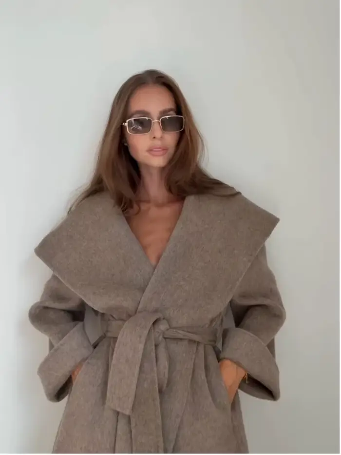Élégant grand col Long manteau femmes rétro Chic lâche châle Tweed manteaux avec ceinture femme 2025 hiver décontracté rue vêtements d'extérieur