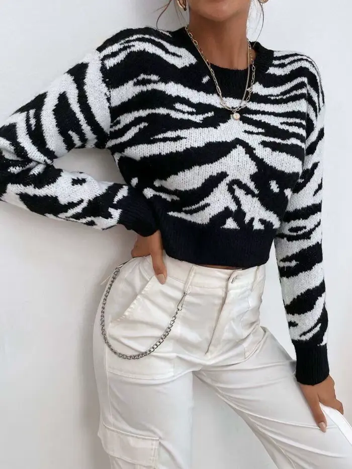 Pull court imprimé léopard pour femme, col rond, tricoté, élégant, mode automne hiver