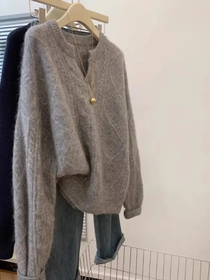 Style coréen gris Super beau pull torsadé pour les femmes 2025 automne hiver doux ample mode paresse