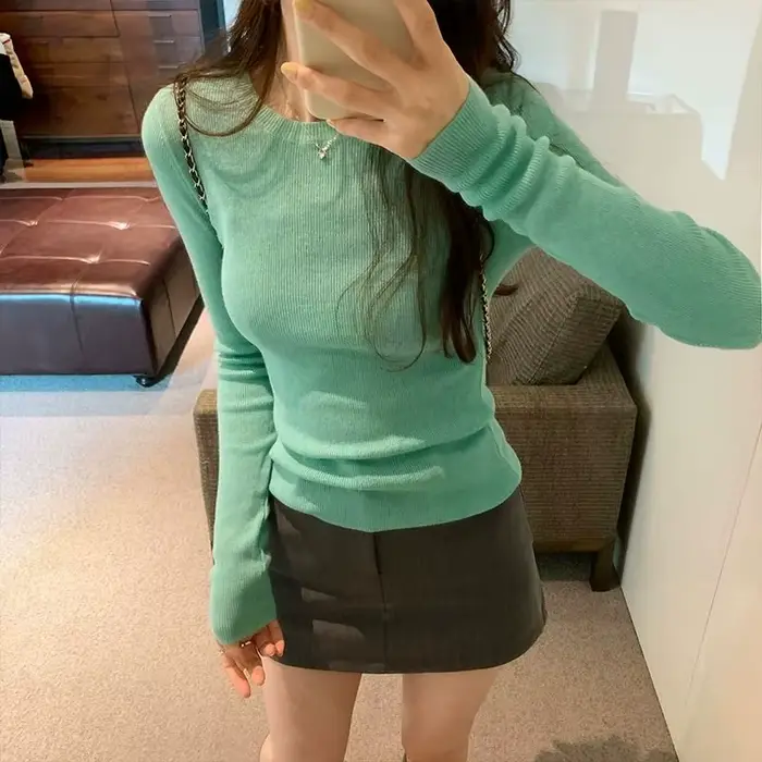 Pull à manches longues avec col rond pour femme, pull slim fileté, allemand Rong With, haut d'automn